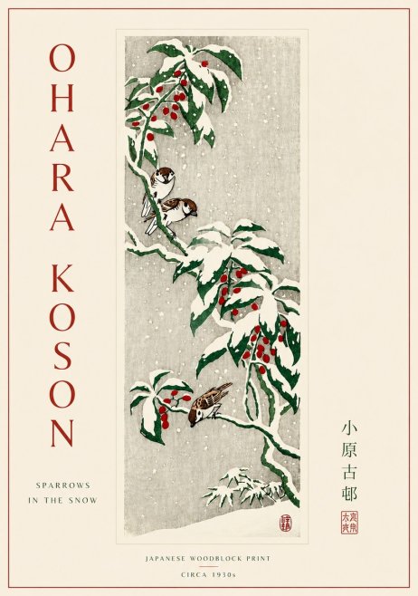 Ohara Koson Sparrows in the Snow No5 - Poszter
