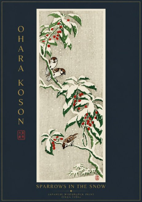 Ohara Koson Sparrows in the Snow No6 - Poszter
