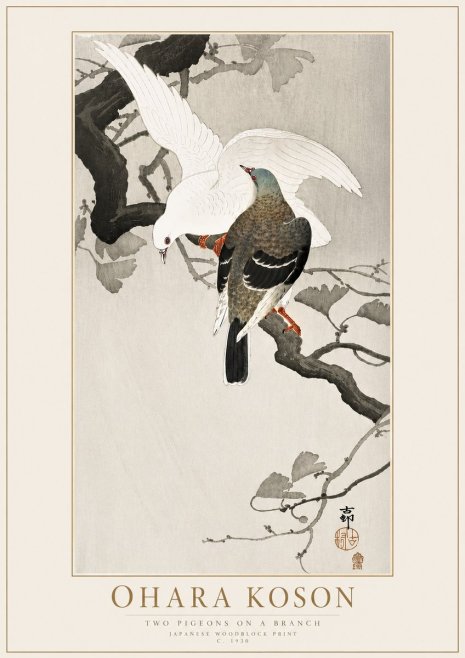 Ohara Koson Two Pigeons on a Branch No4 - Poszter