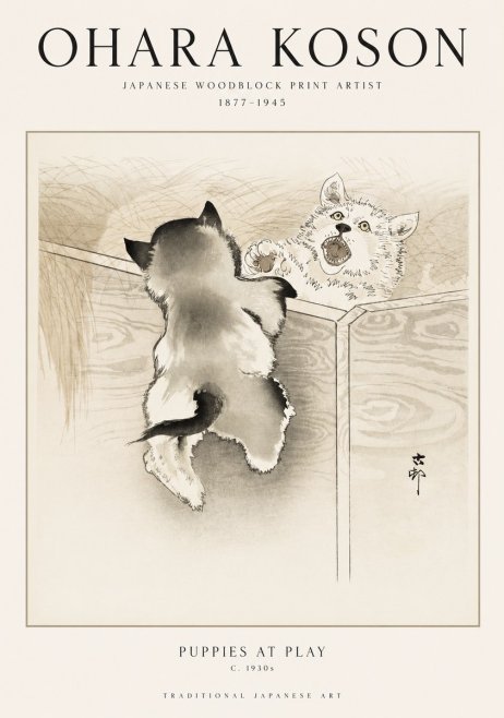 Ohara Koson Puppies at Play No1 - Poszter