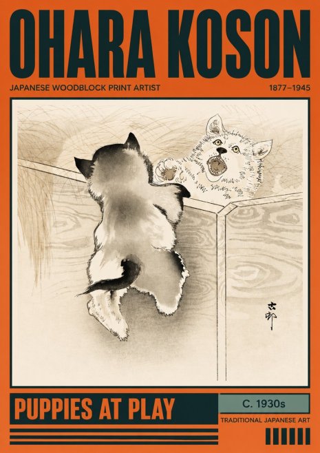 Ohara Koson Puppies at Play No2 - Poszter