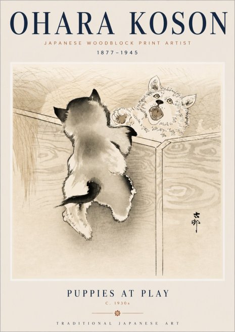 Ohara Koson Puppies at Play No3 - Poszter