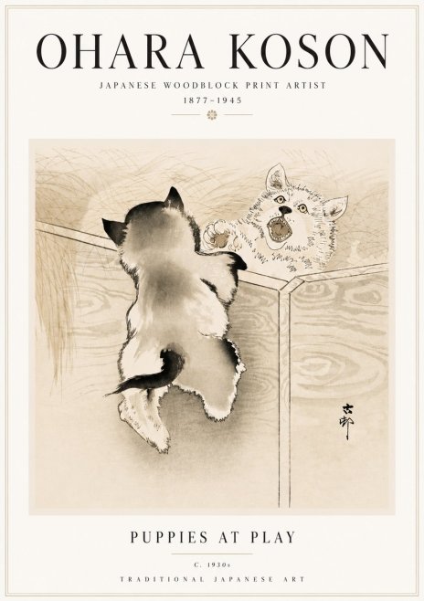 Ohara Koson Puppies at Play No5 - Poszter