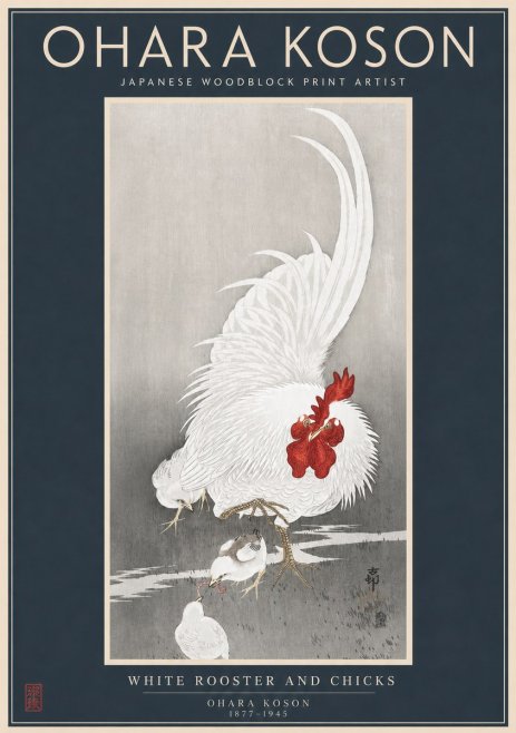 Ohara Koson White Rooster and Chicks No2 - Poszter