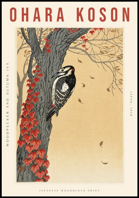 Ohara Koson Woodpecker and Autumn Ivy No2 - Poszter