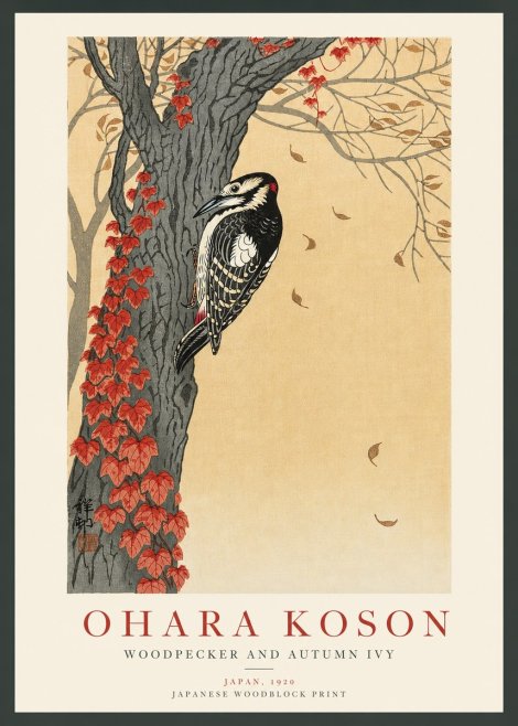 Ohara Koson Woodpecker and Autumn Ivy No3 - Poszter