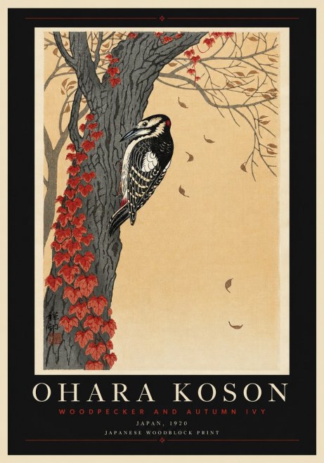 Ohara Koson Woodpecker and Autumn Ivy No6 - Poszter