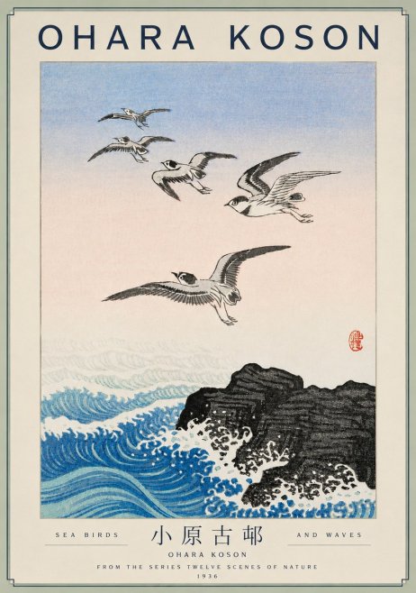 Ohara Koson Sea Birds and Waves No4 - Poszter