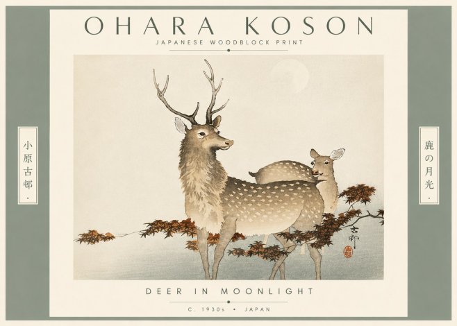 Ohara Koson Deer in Moonlight No4 - Poszter