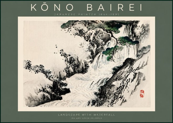 Kōno Bairei Landscape with Waterfall No2 - Poszter