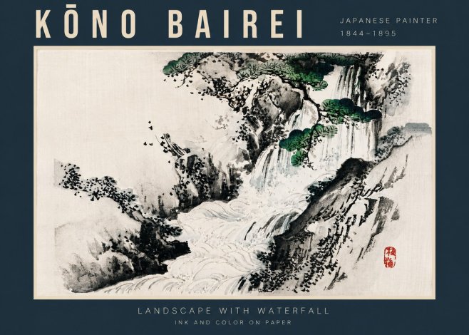 Kōno Bairei Landscape with Waterfall No4 - Poszter