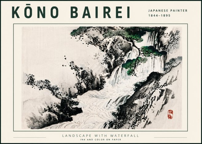 Kōno Bairei Landscape with Waterfall No5 - Poszter