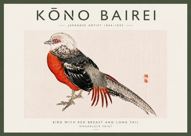 Kōno Bairei Bird with Red Breast and Long Tail No6 - Poszter