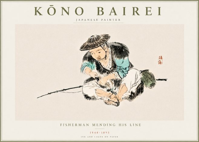 Kōno Bairei Fisherman Mending His Line No5 - Poszter