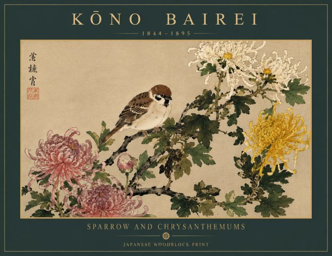 Kōno Bairei Sparrow and Chrysanthemums No5 - Poszter