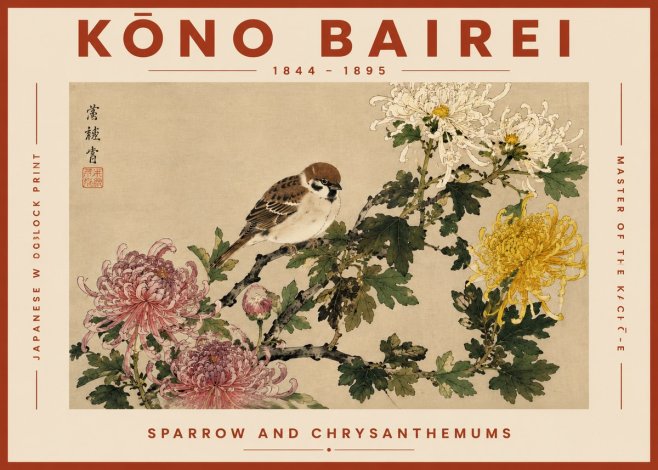 Kōno Bairei Sparrow and Chrysanthemums No6 - Poszter