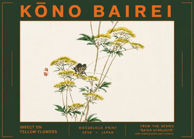 Kōno Bairei Insect on Yellow Flowers No6 - Poszter