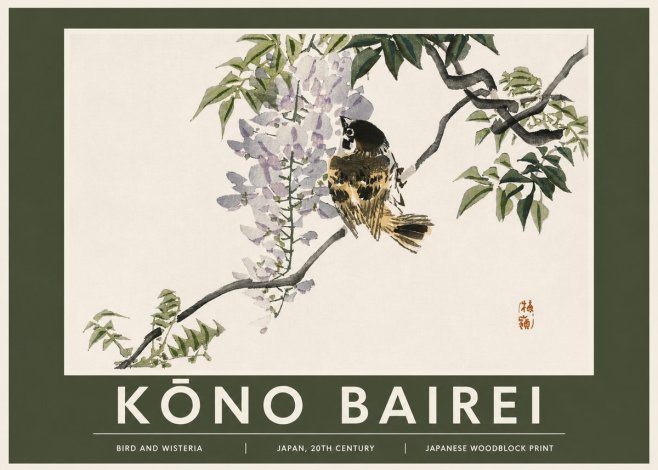 Kōno Bairei Wisteria and Bird No3 - Poszter
