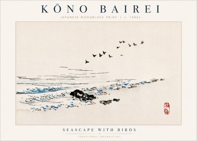 Kōno Bairei Seascape with Birds No2 - Poszter