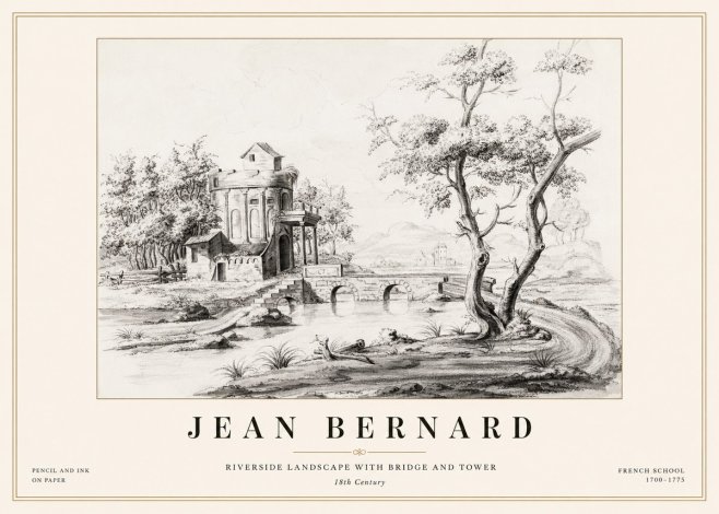 Jean Bernard Riverside Landscape with Bridge and Tower No1 - Poszter