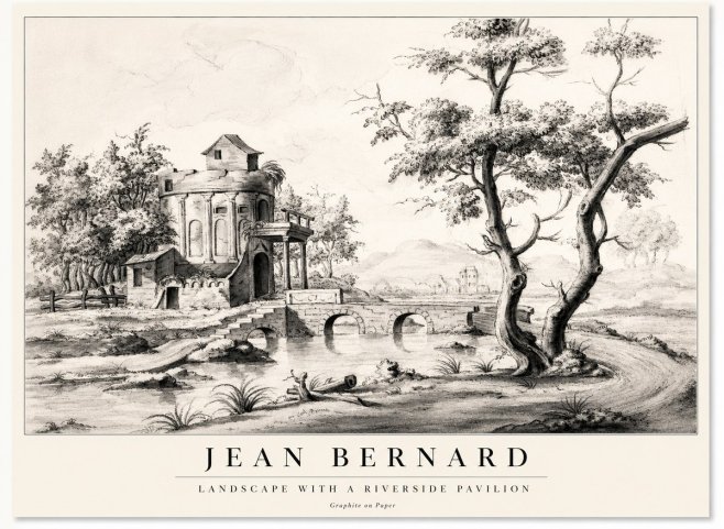 Jean Bernard Riverside Landscape with Bridge and Tower No2 - Poszter
