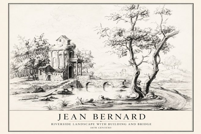 Jean Bernard Riverside Landscape with Bridge and Tower No4 - Poszter