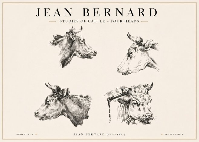 Jean Bernard Studies of Cattle - Four Heads No1 - Poszter