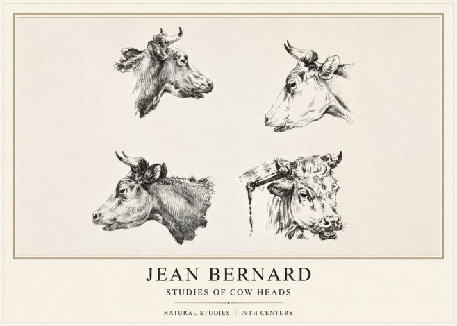 Jean Bernard Studies of Cattle - Four Heads No2 - Poszter