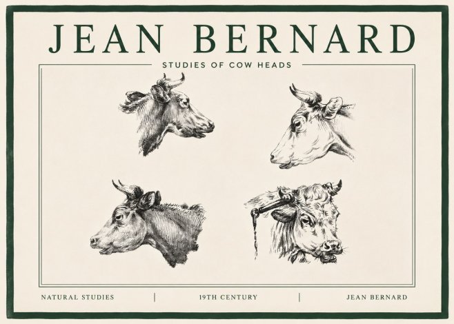 Jean Bernard Studies of Cattle - Four Heads No4 - Poszter