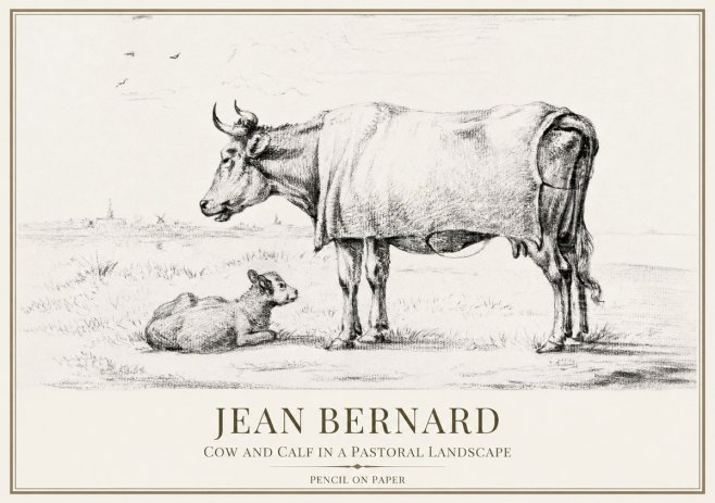 Jean Bernard Cow and Calf in a Pastoral Landscape No1 - Poszter