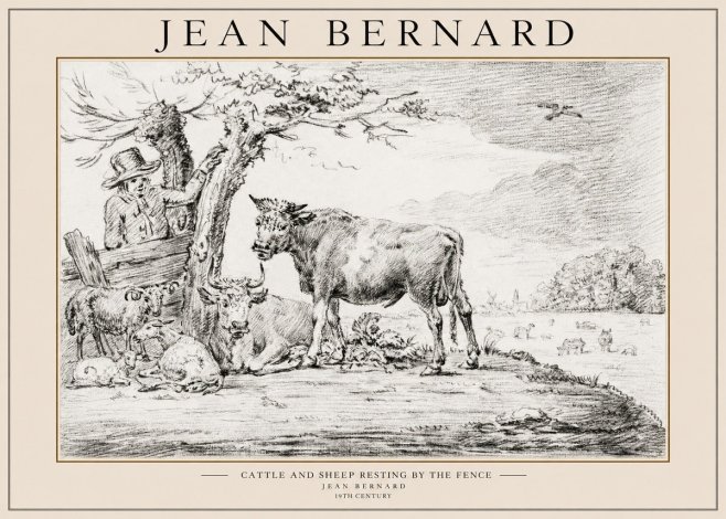Jean Bernard Cattle and Sheep Resting by the Fence No1 - Poszter
