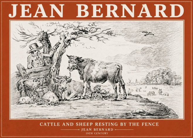 Jean Bernard Cattle and Sheep Resting by the Fence No6 - Poszter