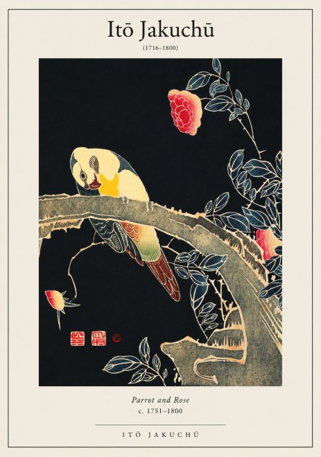 Itō Jakuchū Parrot and Rose No1 - Poszter