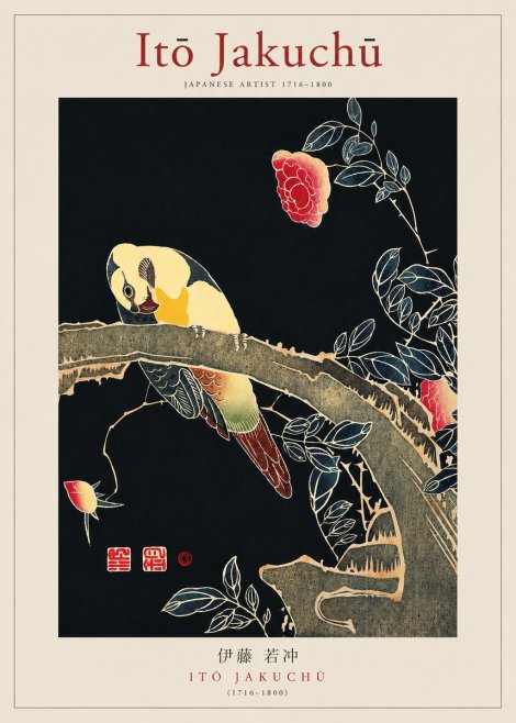 Itō Jakuchū Parrot and Rose No3 - Poszter