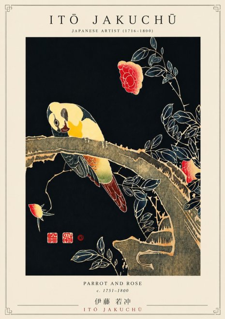 Itō Jakuchū Parrot and Rose No5 - Poszter