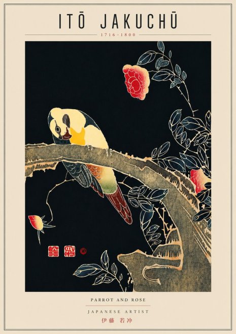 Itō Jakuchū Parrot and Rose No6 - Poszter