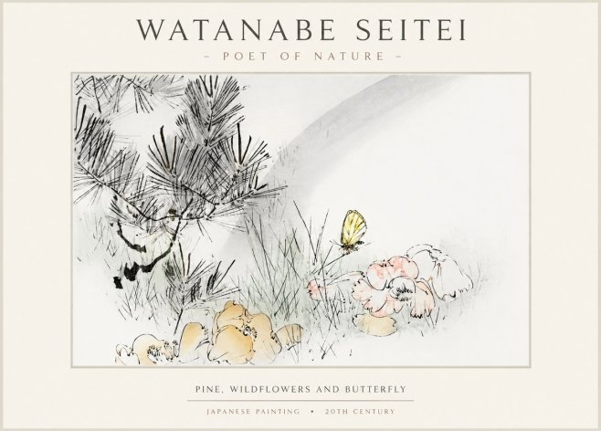 Watanabe Seitei Pine, Wildflowers and Butterfly No1 - Poszter