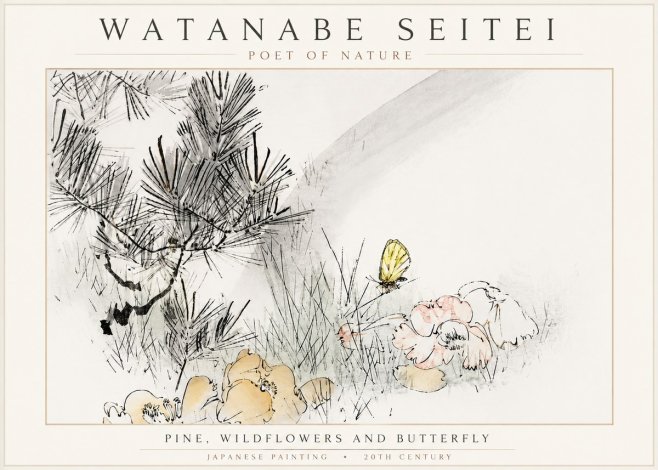 Watanabe Seitei Pine, Wildflowers and Butterfly No3 - Poszter