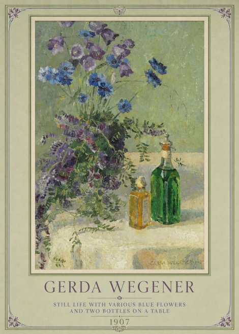 Gerda Wegener Still Life with Various Blue Flowers and Two Bottles on a Table No1 - Poszter