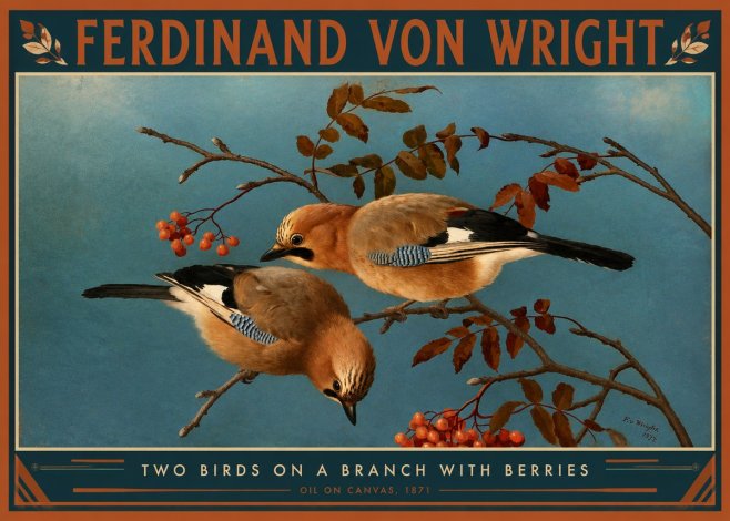 Ferdinand von Wright Two Birds on a Branch with Berries, 1871 No2 - Poszter