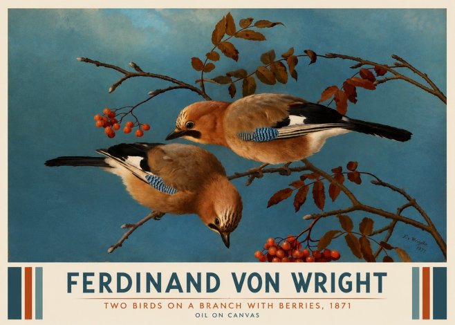 Ferdinand von Wright Two Birds on a Branch with Berries, 1871 No3 - Poszter