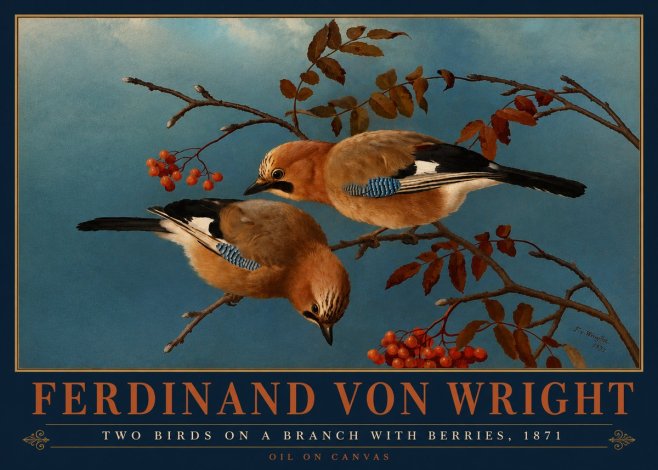 Ferdinand von Wright Two Birds on a Branch with Berries, 1871 No4 - Poszter
