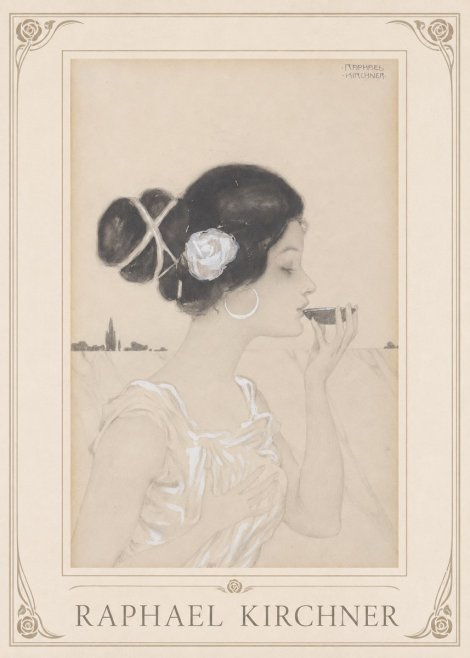Raphael Kirchner Elegant Lady with Rose and Cup No1 - Poszter