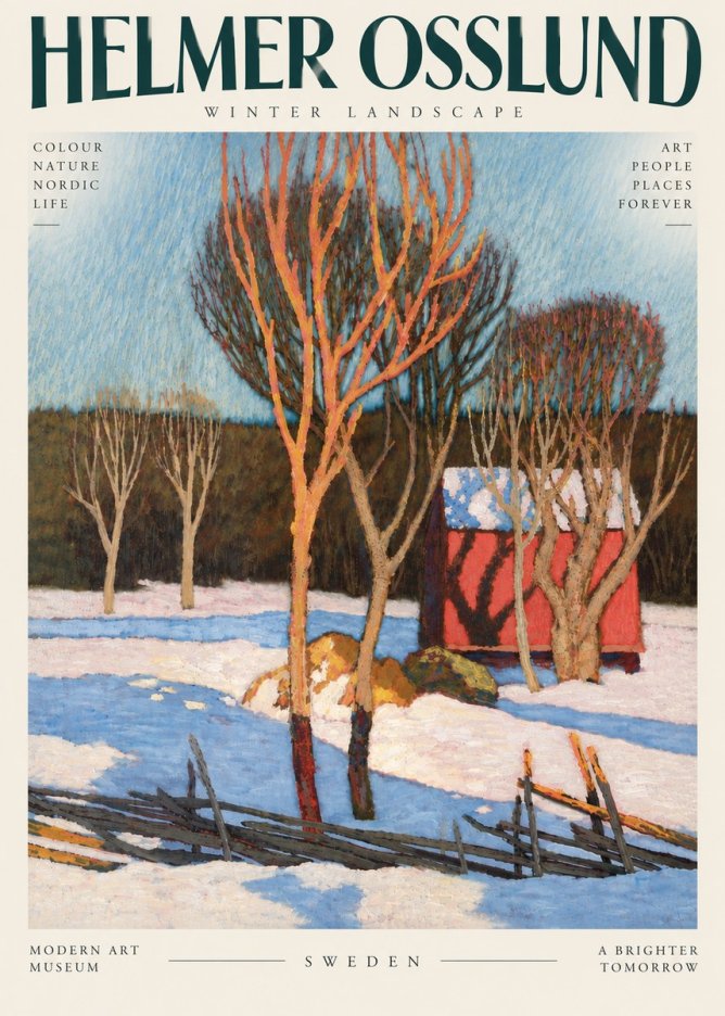 Helmer Osslund Winter Landscape with Red Barn No6 - Poszter
