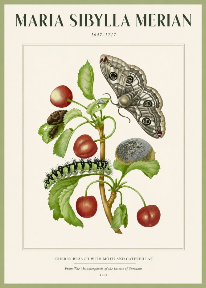 Maria Sibylla Merian Cherry Branch with Moth and Caterpillar No2 - Poszter