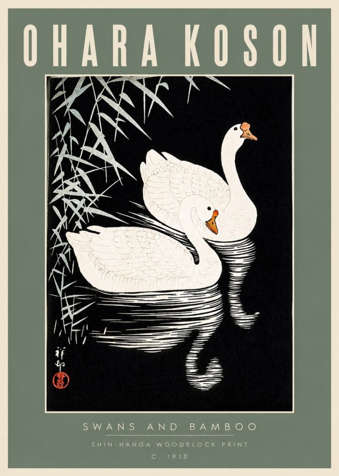 Ohara Koson Swans and Bamboo No2 - Poszter
