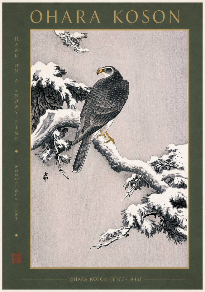 Ohara Koson Hawk on a Snowy Pine No6 - Poszter