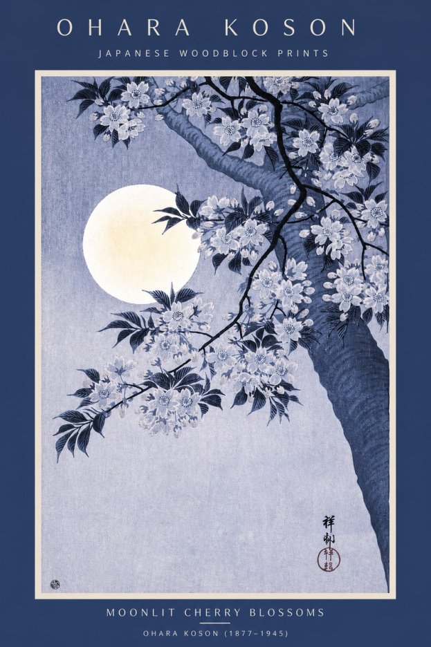 Ohara Koson Moonlit Cherry Blossoms No2 - Poszter