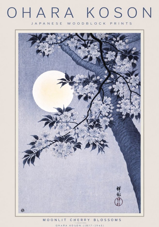 Ohara Koson Moonlit Cherry Blossoms No3 - Poszter
