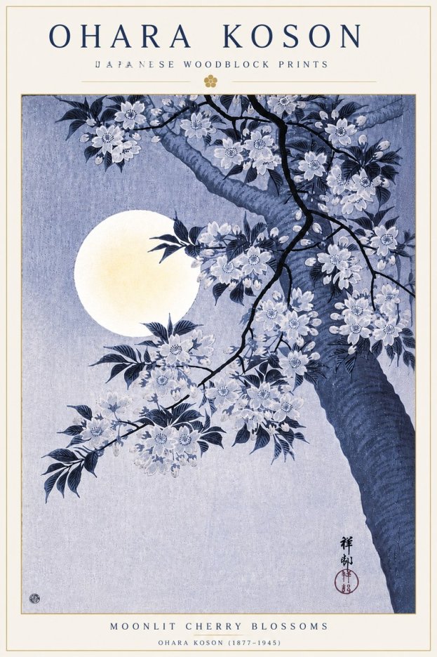 Ohara Koson Moonlit Cherry Blossoms No6 - Poszter